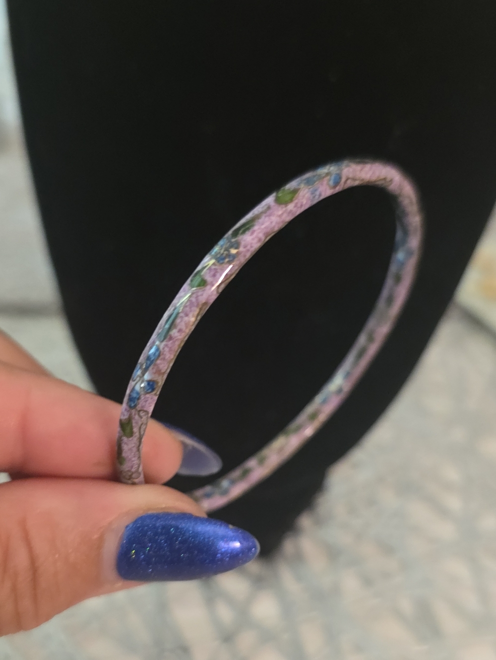 Vintage Pink Enamel Bracelet with Blue and Green Floral Detail